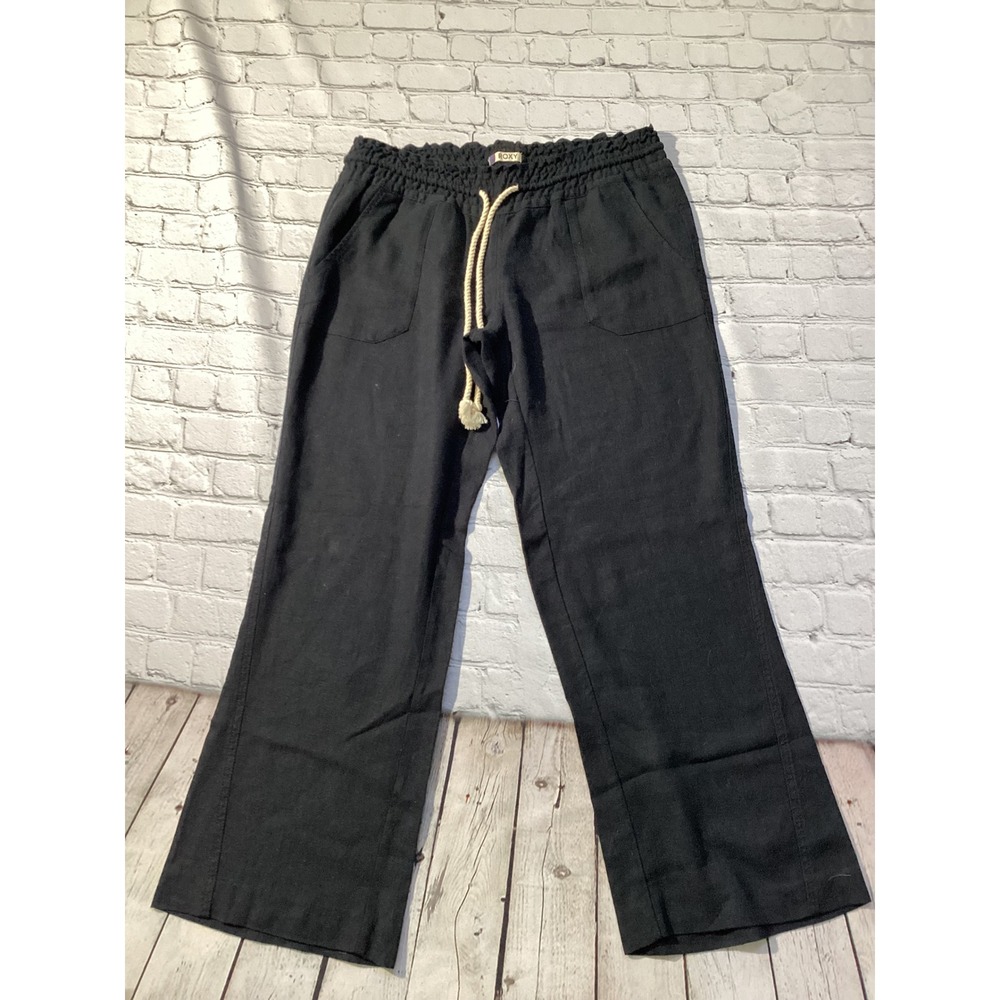 Roxy Black Linen Blend Smocked Waist Wide Leg Beach Pants Womens Medium